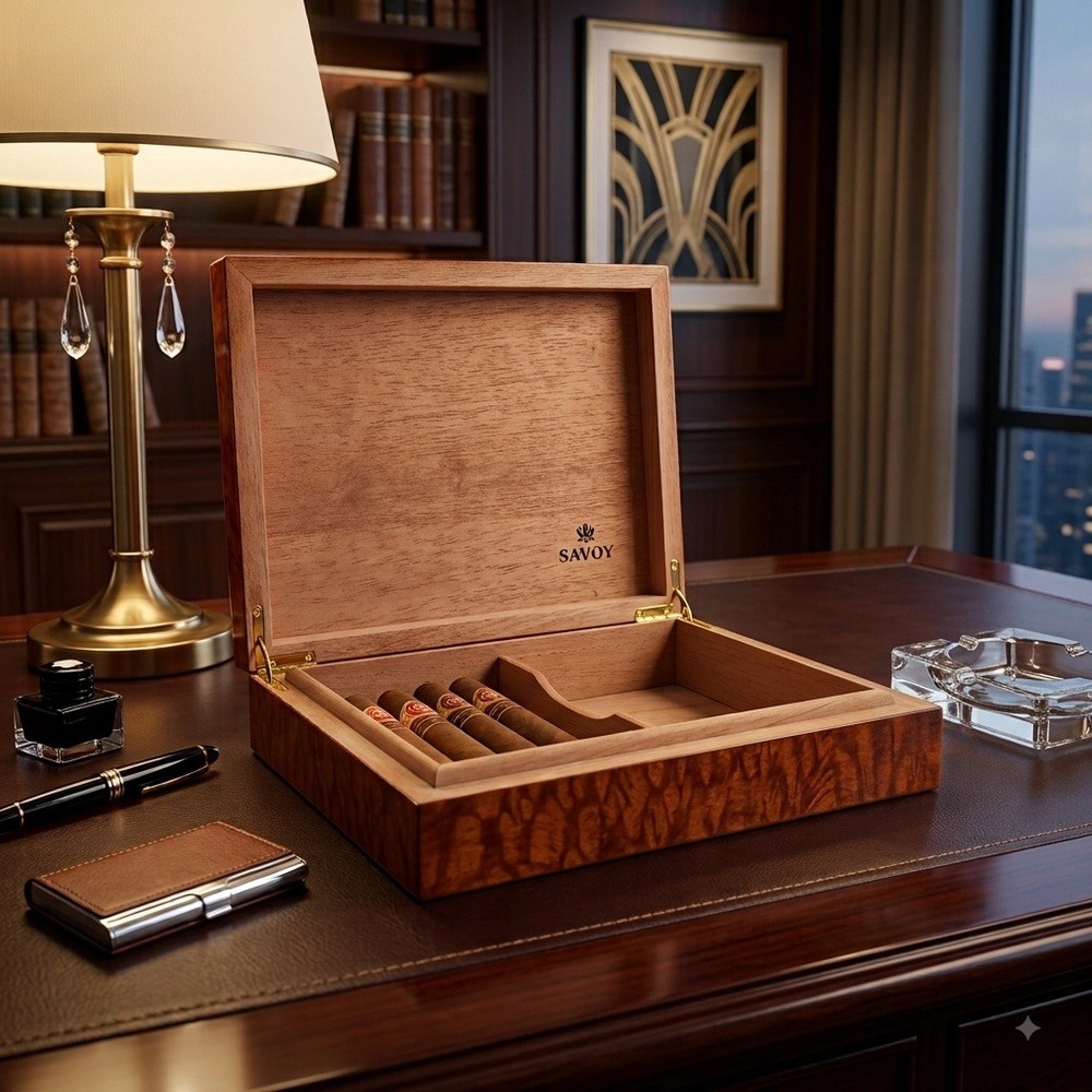 Savoy Ashton Desktop Cigar Humidor Empty Box Ash Burl Wood Spanish Cedar Lined